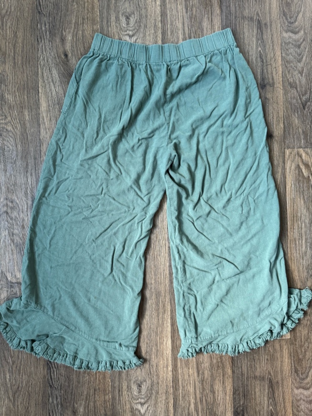 Umgee Green Linen Cotton Capri Pants Elastic Waist Pockets Wide-Leg Ruffle L - Picture 7 of 8